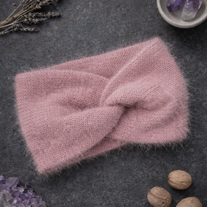 Pale Pink Angora Headband – Handmade Knitted Winter Ear Warmer