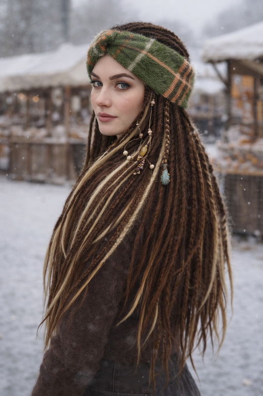 Green Angora Ear Warmer Headband – Plaid Knit with Warm Orange Stripes (Handmade)