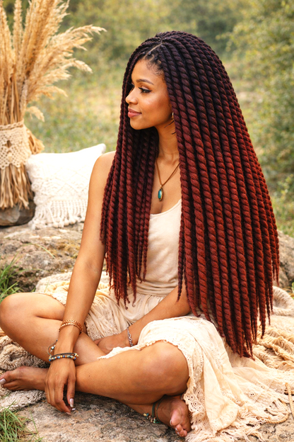 Black Burgundy Ombre Twist Extensions – Havana Twist Mambo, Lightweight Synthetic Twists