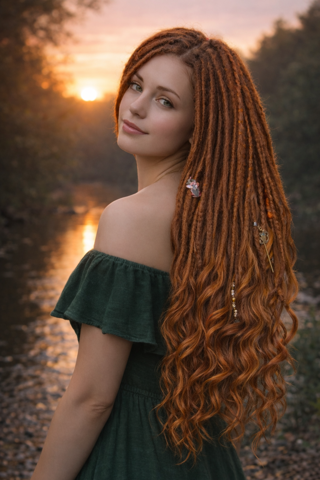 Kupfer-Auburn Boho Fake Dreads mit bürstbaren Locken – weiche synthetische Dreads, kein Orange