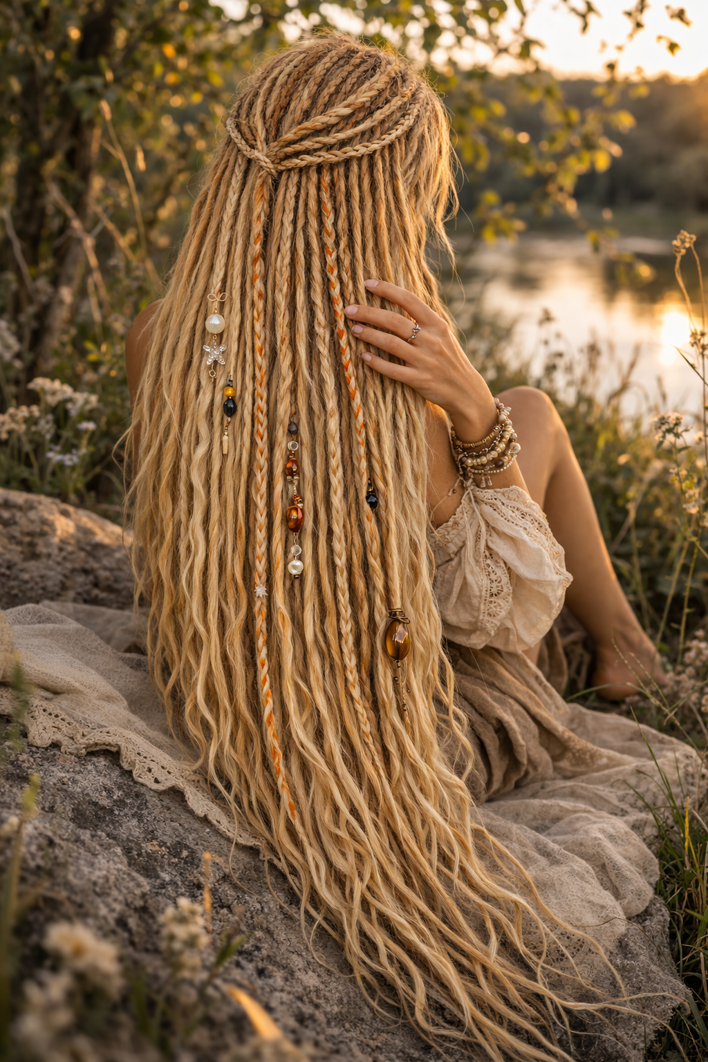 Honey Blonde Dreadlock Extensions with Loose Curls