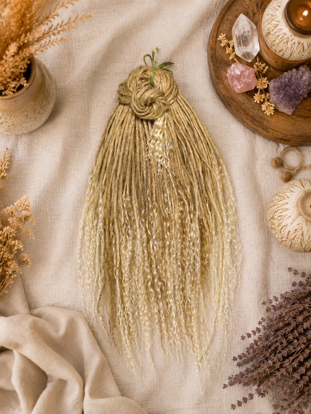 Sandy Blonde Boho Dreadlock Extensions with Milky Loose Curls – 70 cm
