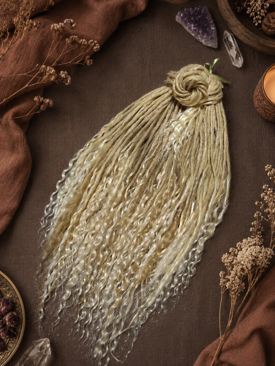 Sandy Blonde Boho Dreadlock Extensions with Milky Loose Curls – 70 cm