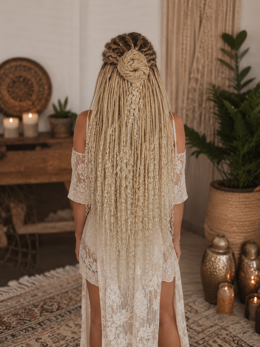 Sandy Blonde Boho Dreadlock Extensions with Milky Loose Curls – 70 cm