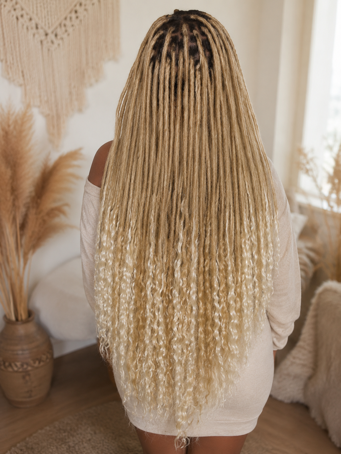 Sandy Blonde Boho Dreadlock Extensions with Milky Loose Curls – 70 cm
