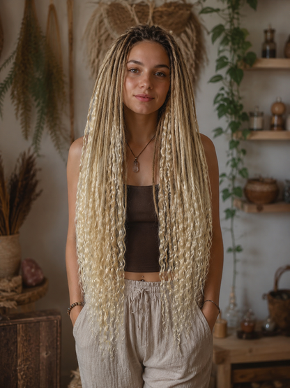Sandy Blonde Boho Dreadlock Extensions with Milky Loose Curls – 70 cm