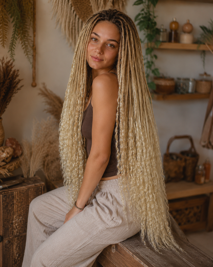 Sandy Blonde Boho Dreadlock Extensions with Milky Loose Curls – 70 cm