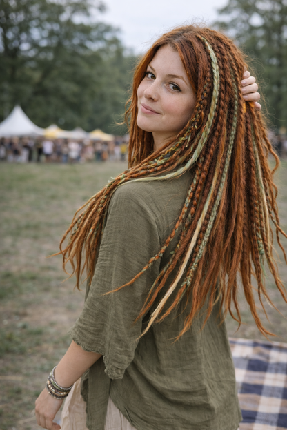Soft Auburn Green Dreadlock Extensions – Boho Synthetic Dreads, Lightweight & Natural Look