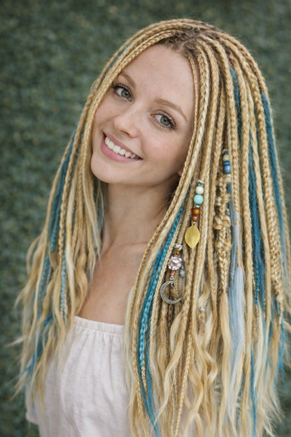 Blonde Blue Boho Fake Dreads – Double Ended Synthetic Dreads with Loose Ends