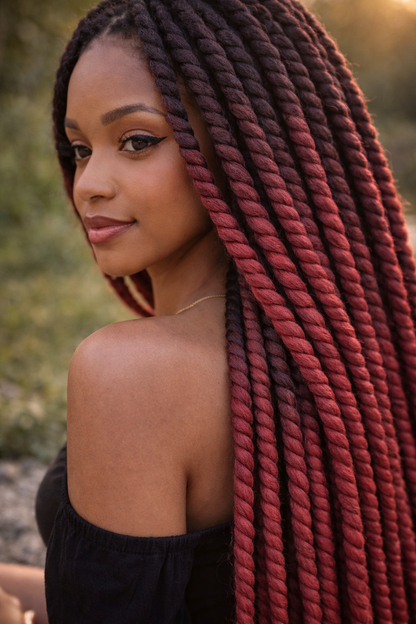 Black Burgundy Ombre Twist Extensions – Havana Twist Mambo, Lightweight Synthetic Twists