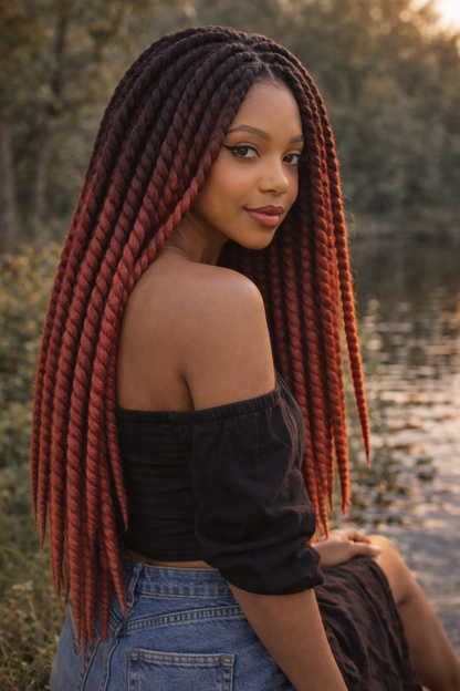 Black Burgundy Ombre Twist Extensions – Havana Twist Mambo, Lightweight Synthetic Twists