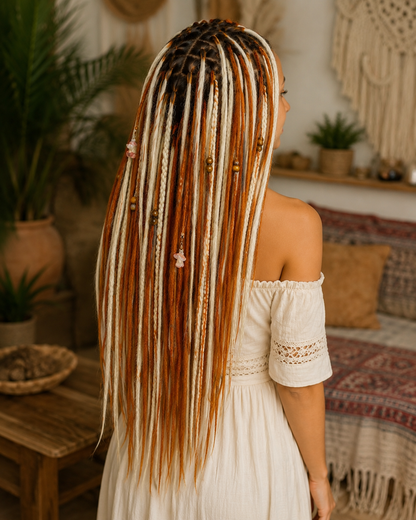 Milky, Platinum and Ginger Boho Dreadlock Extensions – Fox Vibe Synthetic Dreads