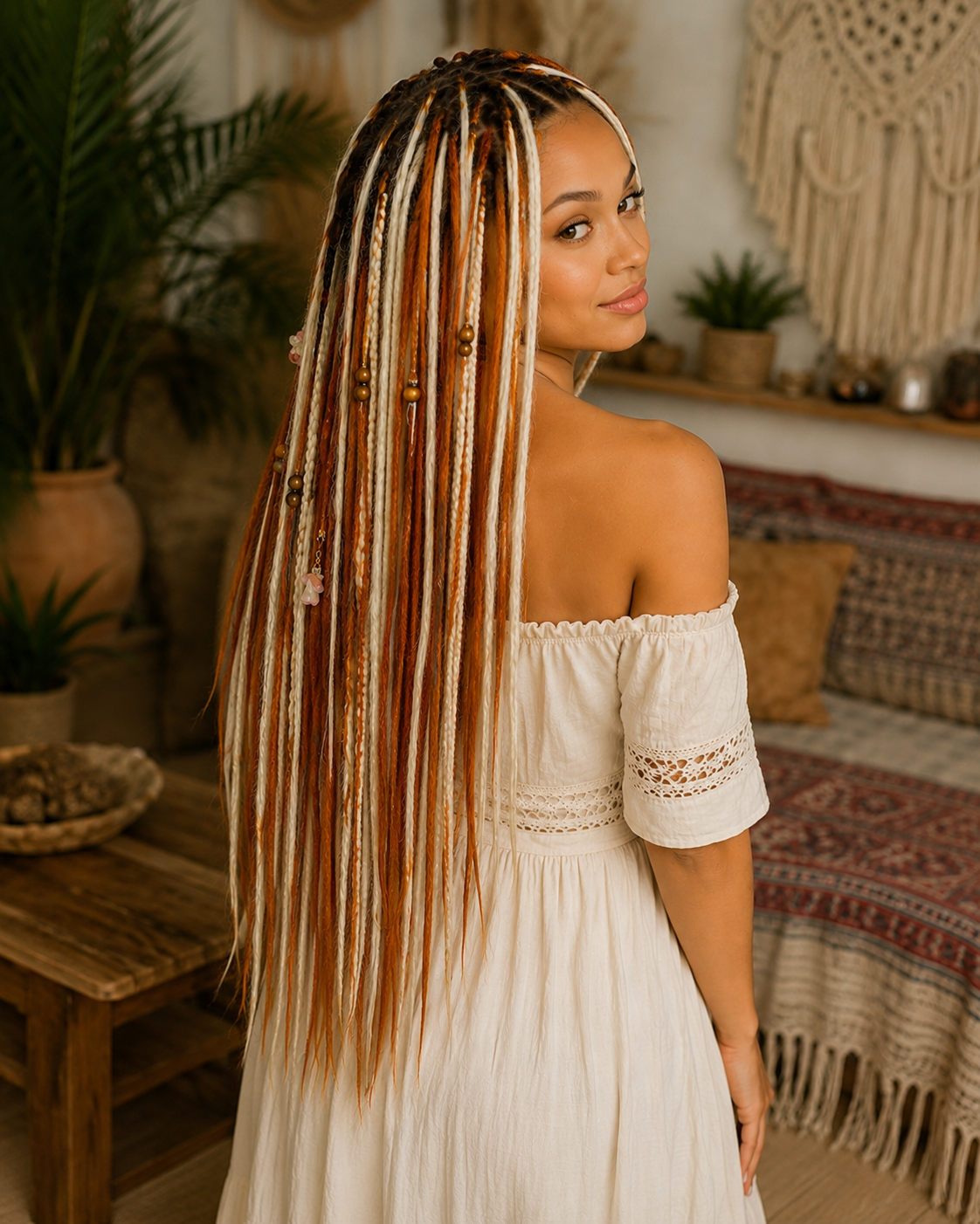Milky, Platinum and Ginger Boho Dreadlock Extensions – Fox Vibe Synthetic Dreads