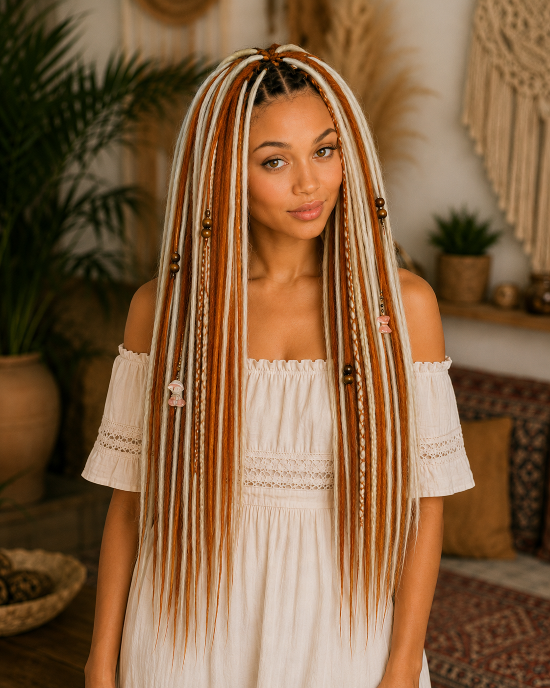 Milky, Platinum and Ginger Boho Dreadlock Extensions – Fox Vibe Synthetic Dreads