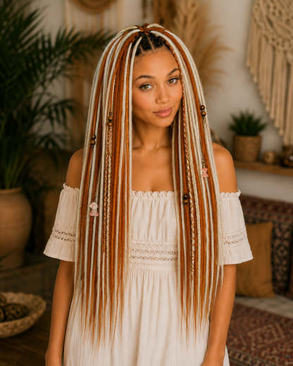 Milky, Platinum and Ginger Boho Dreadlock Extensions – Fox Vibe Synthetic Dreads