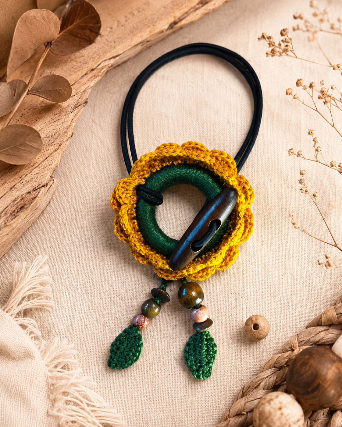 Crochet Sunflower Hair Cuff with Wooden Stick – Boho Dreadlock Tie