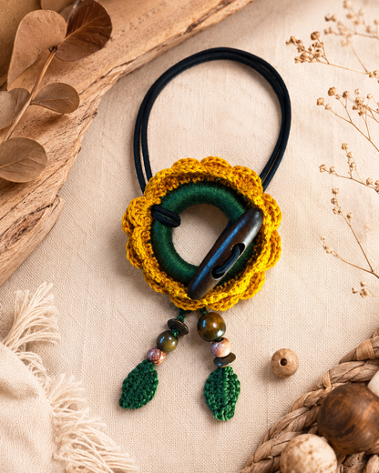 Crochet Sunflower Hair Cuff with Wooden Stick – Boho Dreadlock Tie