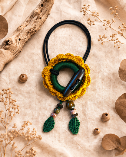 Crochet Sunflower Hair Cuff with Wooden Stick – Boho Dreadlock Tie
