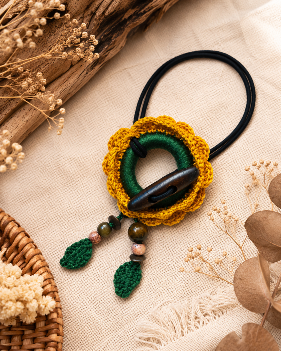 Crochet Sunflower Hair Cuff with Wooden Stick – Boho Dreadlock Tie