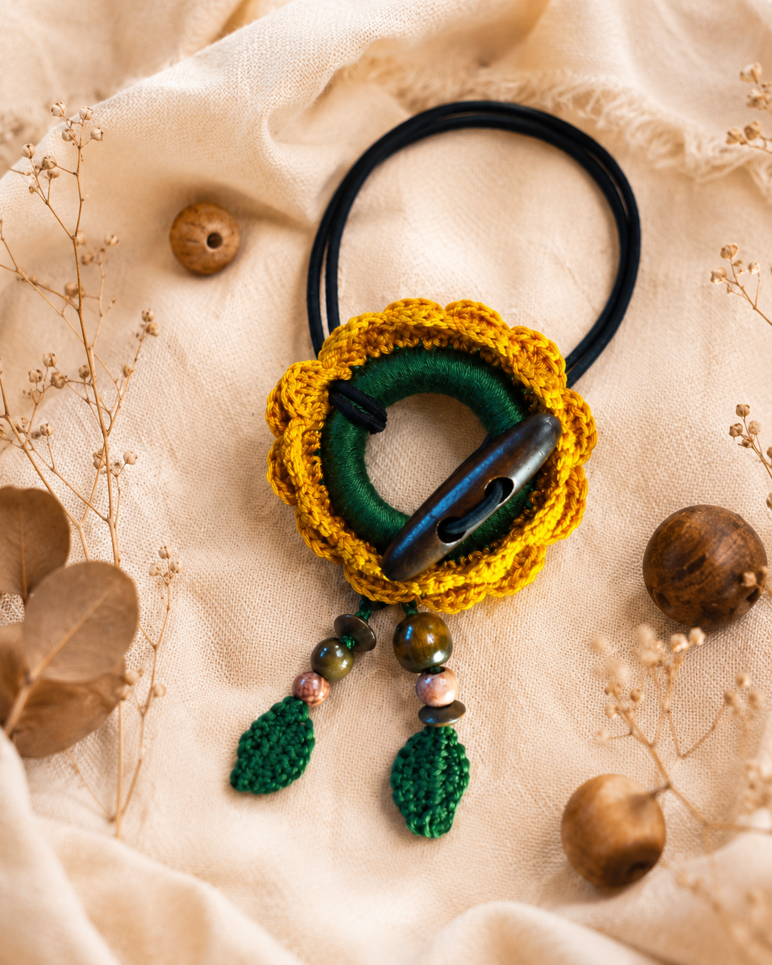 Crochet Sunflower Hair Cuff with Wooden Stick – Boho Dreadlock Tie