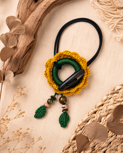 Crochet Sunflower Hair Cuff with Wooden Stick – Boho Dreadlock Tie