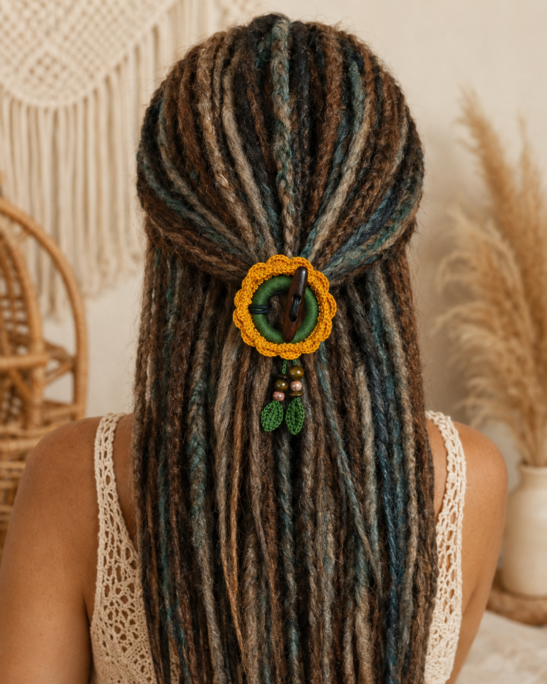 Crochet Sunflower Hair Cuff with Wooden Stick – Boho Dreadlock Tie