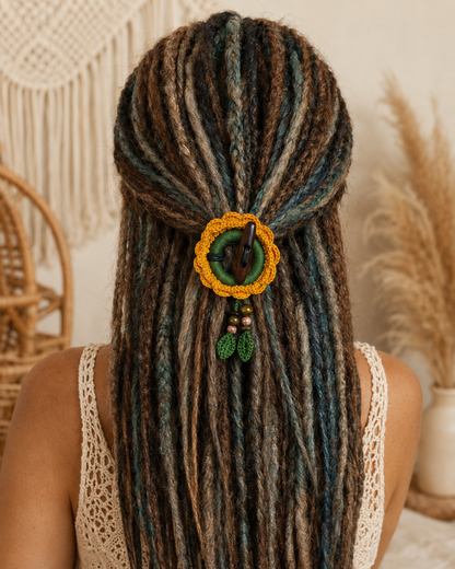 Crochet Sunflower Hair Cuff with Wooden Stick – Boho Dreadlock Tie