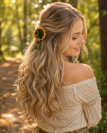 Crochet Sunflower Hair Cuff with Wooden Stick – Boho Dreadlock Tie