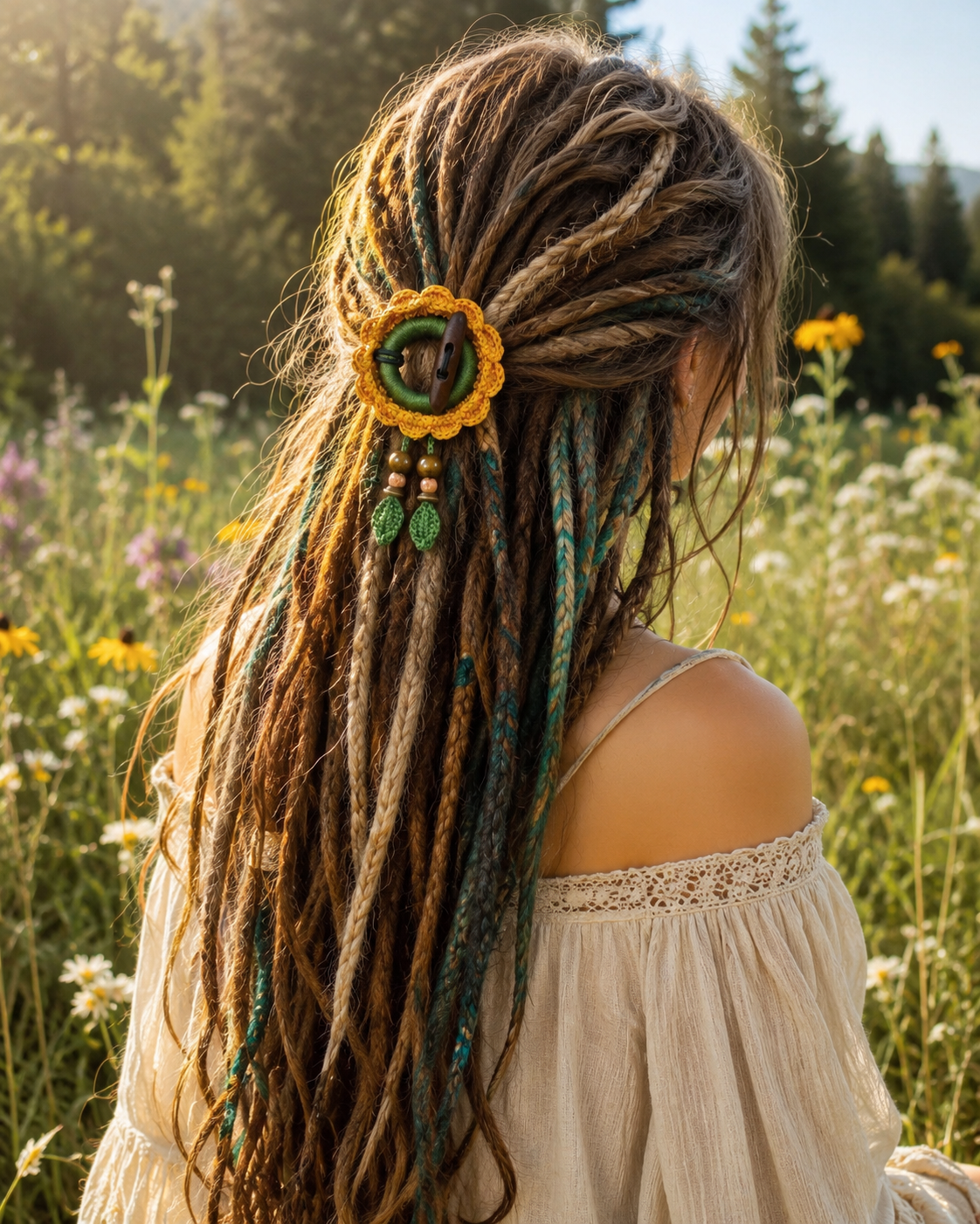 Crochet Sunflower Hair Cuff with Wooden Stick – Boho Dreadlock Tie
