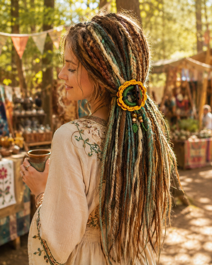 Crochet Sunflower Hair Cuff with Wooden Stick – Boho Dreadlock Tie