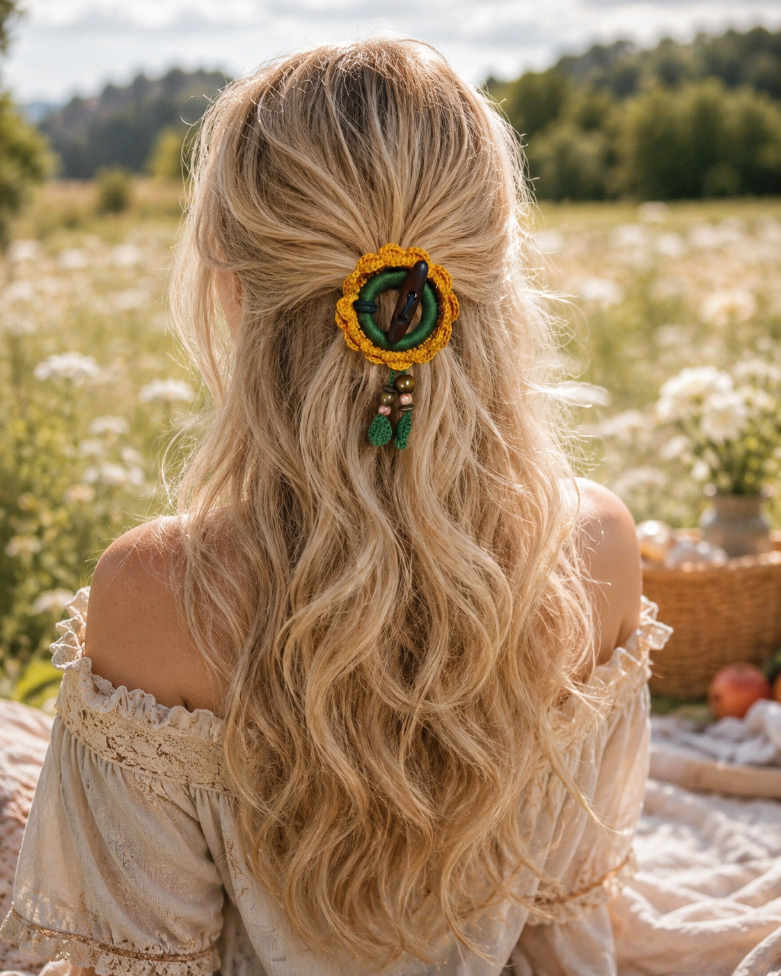 Crochet Sunflower Hair Cuff with Wooden Stick – Boho Dreadlock Tie