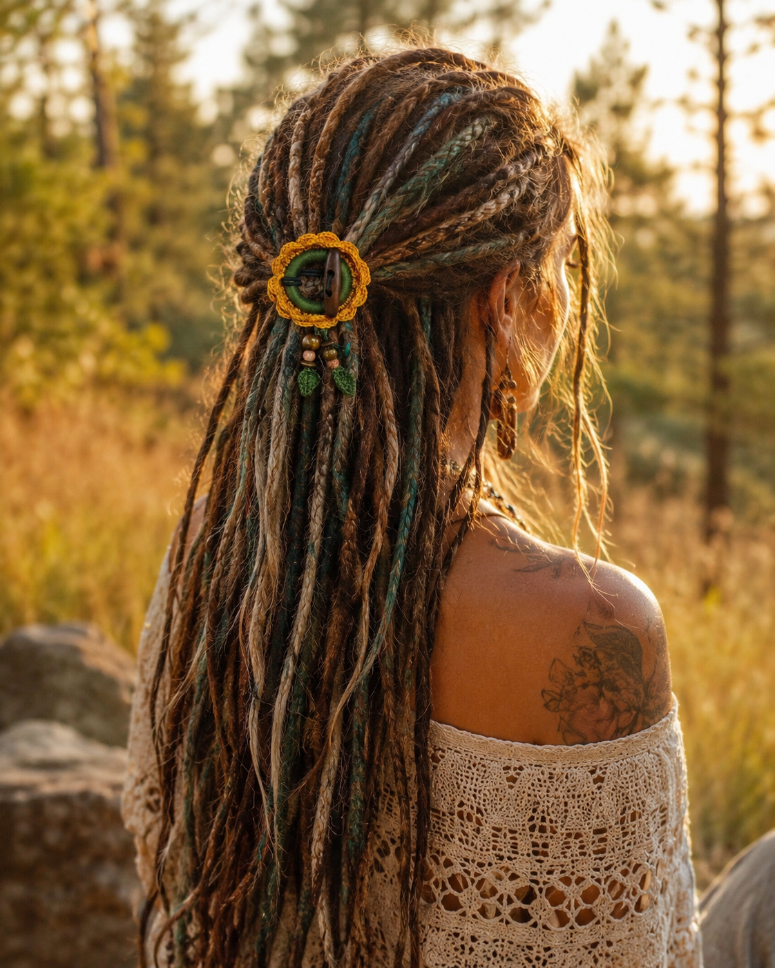 Crochet Sunflower Hair Cuff with Wooden Stick – Boho Dreadlock Tie