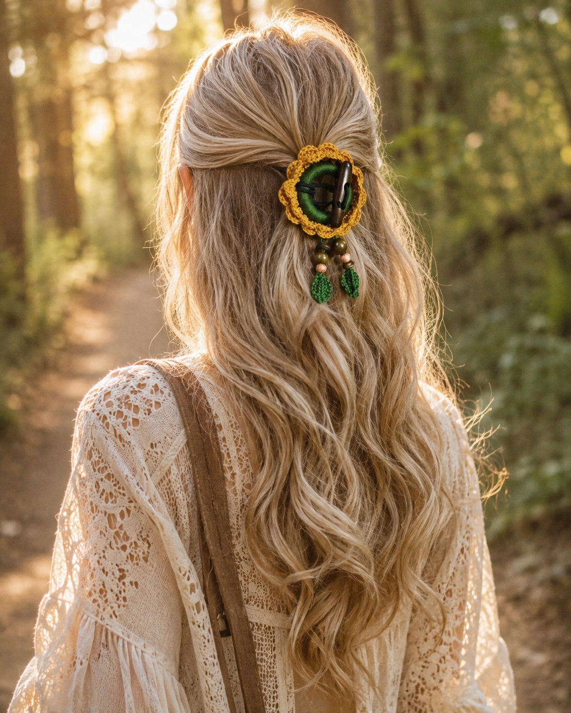 Crochet Sunflower Hair Cuff with Wooden Stick – Boho Dreadlock Tie
