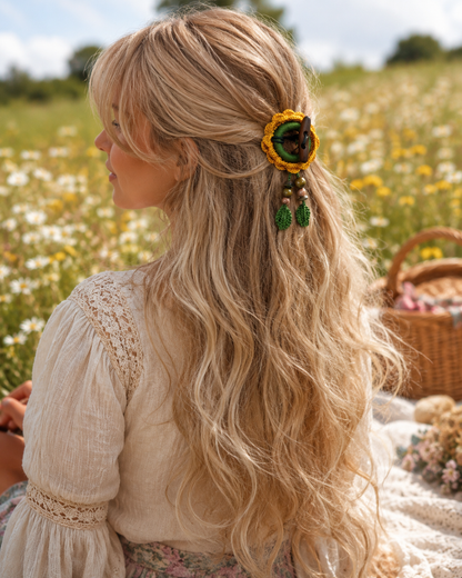 Crochet Sunflower Hair Cuff with Wooden Stick – Boho Dreadlock Tie