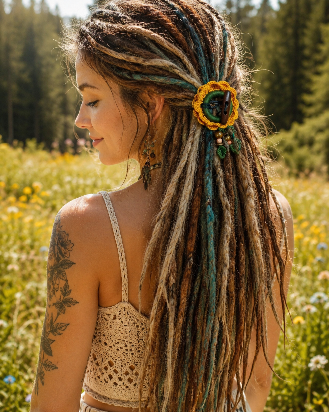 Crochet Sunflower Hair Cuff with Wooden Stick – Boho Dreadlock Tie