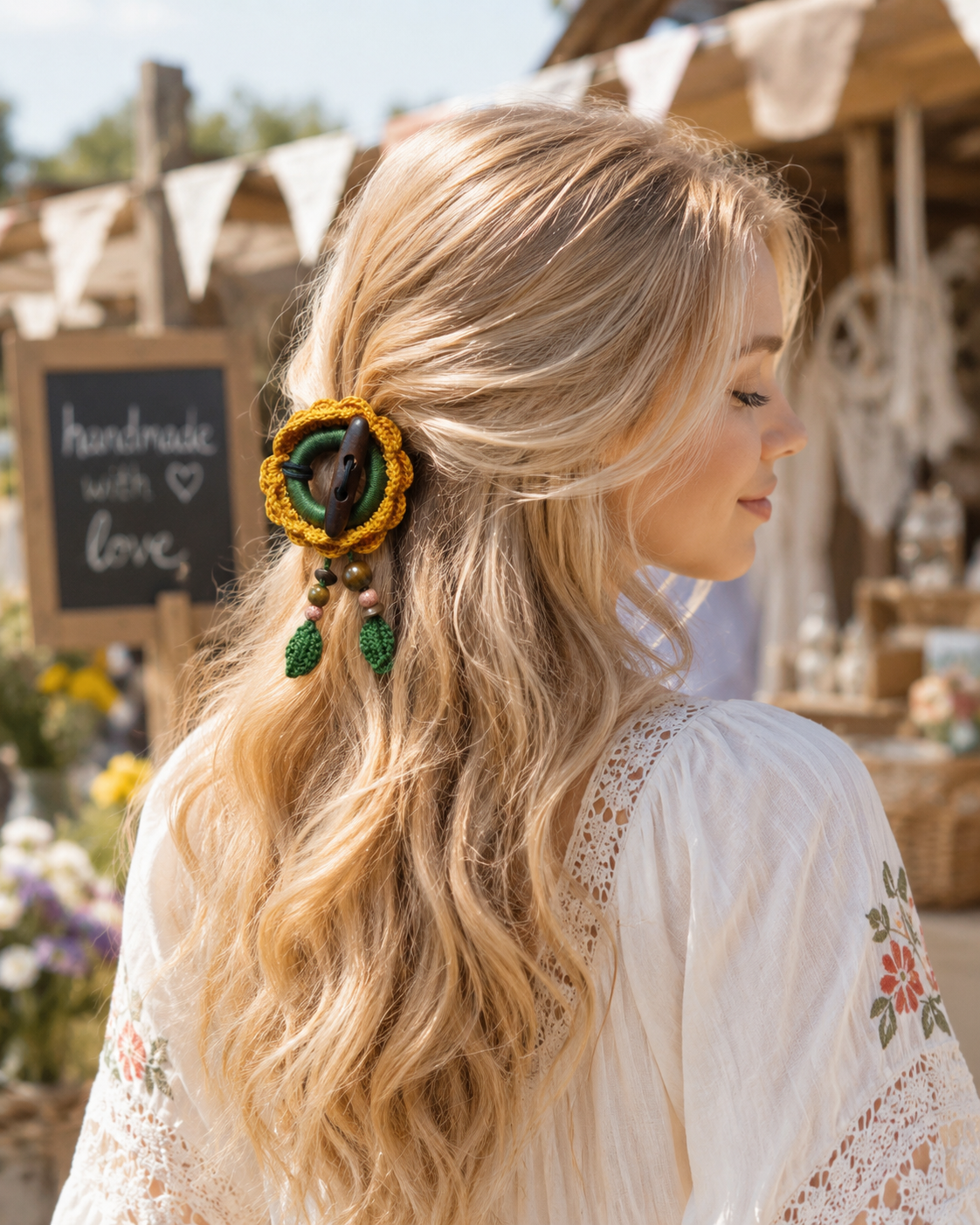 Crochet Sunflower Hair Cuff with Wooden Stick – Boho Dreadlock Tie
