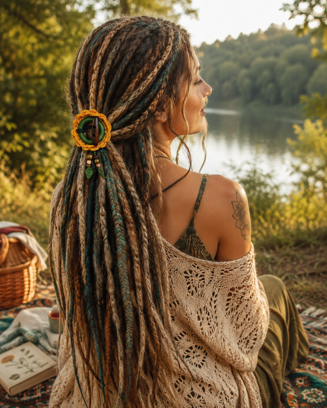 Crochet Sunflower Hair Cuff with Wooden Stick – Boho Dreadlock Tie