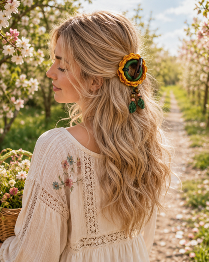 Crochet Sunflower Hair Cuff with Wooden Stick – Boho Dreadlock Tie