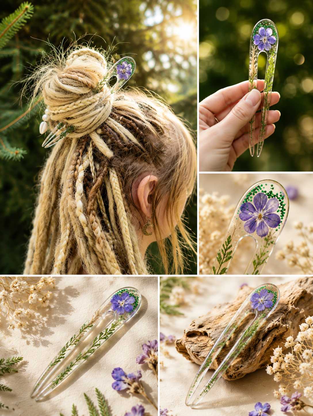 Epoxy Resin Hair Fork with Real Phlox Flower – Botanical Bun Holder for Dreads
