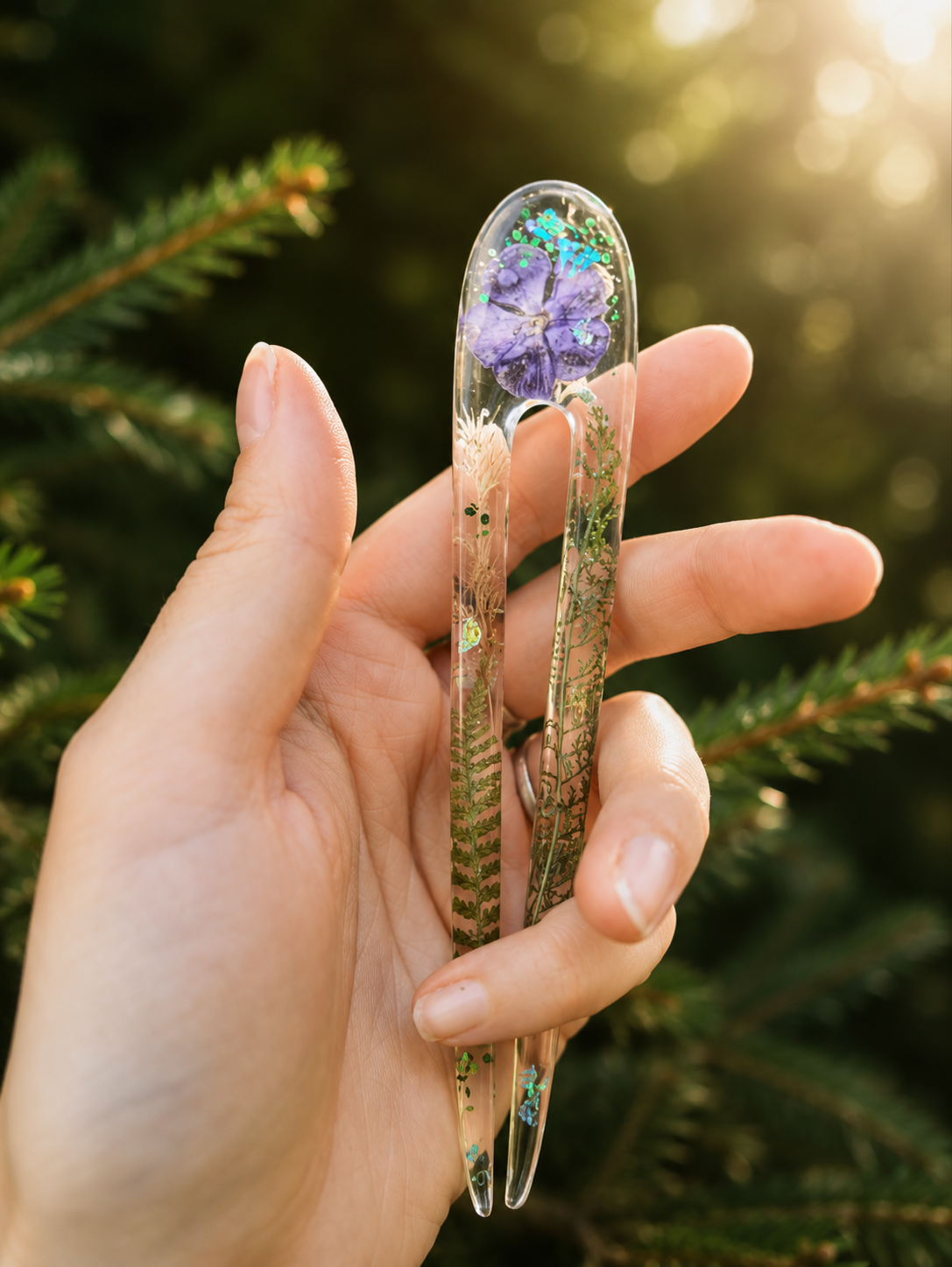 Epoxy Resin Hair Fork with Real Phlox Flower – Botanical Bun Holder for Dreads