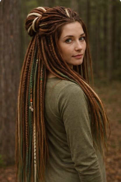 Forest Dreadlock Extensions Brown Blonde Green – Boho Fake Dreads and Braids Set
