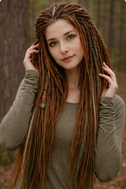 Forest Dreadlock Extensions Brown Blonde Green – Boho Fake Dreads and Braids Set