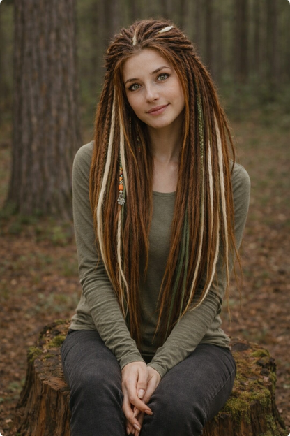 Forest Dreadlock Extensions Brown Blonde Green – Boho Fake Dreads and Braids Set