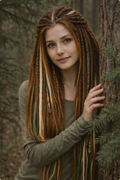 Forest Dreadlock Extensions Brown Blonde Green – Boho Fake Dreads and Braids Set