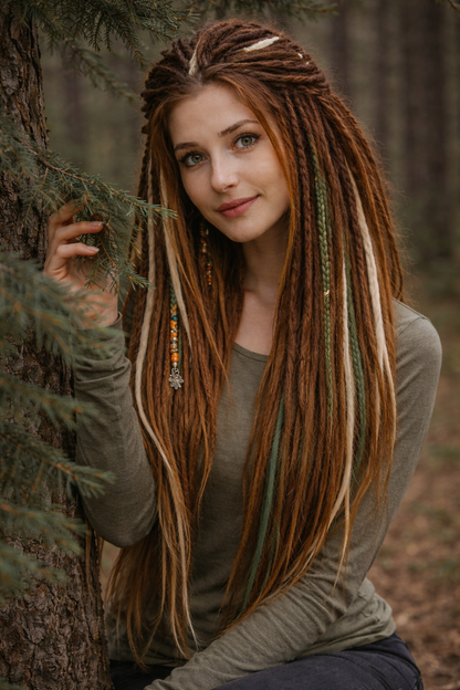 Forest Dreadlock Extensions Brown Blonde Green – Boho Fake Dreads and Braids Set