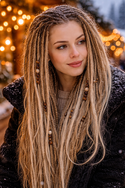 Dunkelblond/Hellblond Boho Kunst-Dreadlocks – doppelseitige Dreads mit Zöpfen