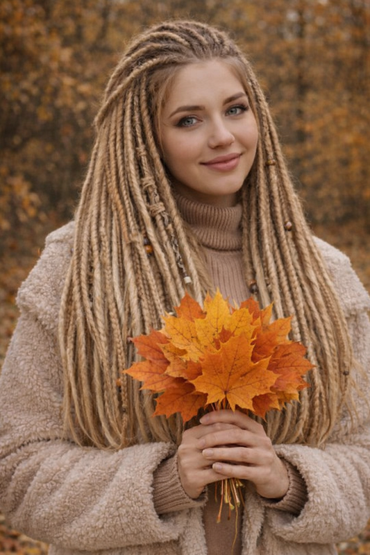 Dunkelblond/Hellblond Boho Kunst-Dreadlocks – doppelseitige Dreads mit Zöpfen
