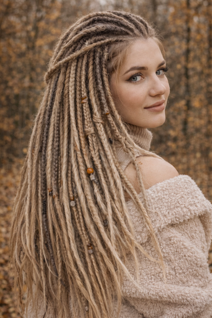 Dunkelblond/Hellblond Boho Kunst-Dreadlocks – doppelseitige Dreads mit Zöpfen