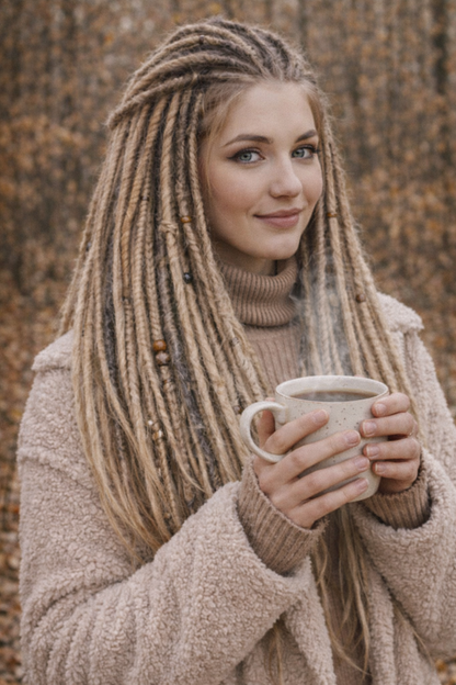Dunkelblond/Hellblond Boho Kunst-Dreadlocks – doppelseitige Dreads mit Zöpfen