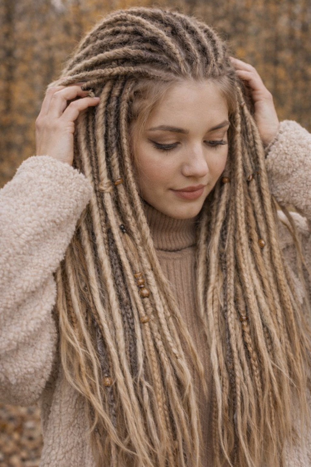 Dunkelblond/Hellblond Boho Kunst-Dreadlocks – doppelseitige Dreads mit Zöpfen
